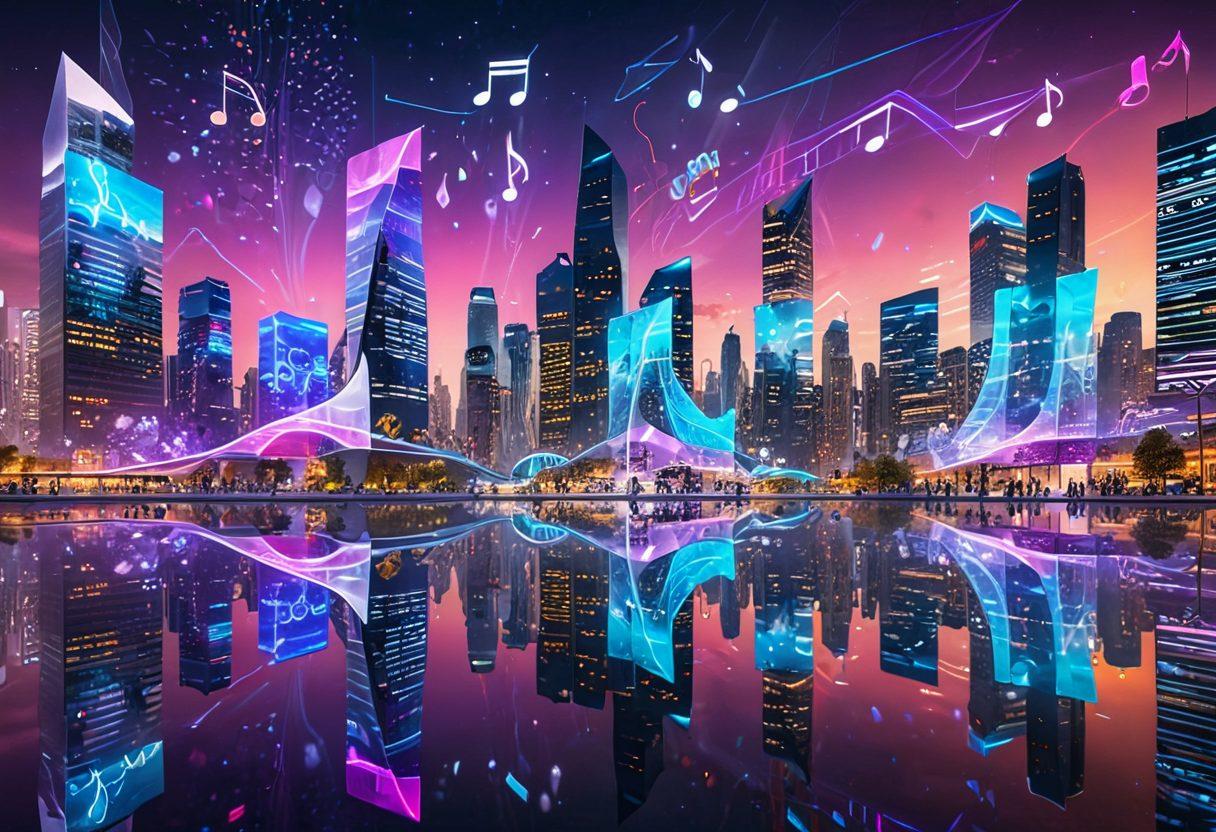 A futuristic cityscape with transparent skyscrapers shaped like musical notes, floating holographic screens showcasing various streaming platforms logos, and vibrant, multicolored soundwaves weaving through the air. People with high-tech wearables are interacting with 3D music interfaces. super-realistic. vibrant colors.