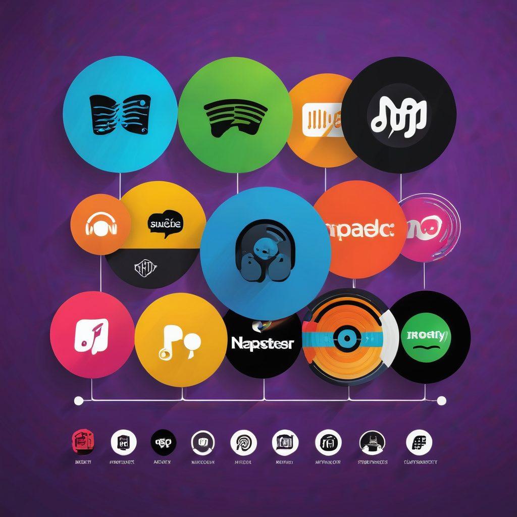 A timeline visualizing the evolution of online music streaming, starting with early MP3 downloads, moving through the rise of services like Napster, onto platforms like Spotify and Apple Music. Icons and logos for each service dot the timeline, against a backdrop of evolving music formats from vinyl records to digital streams. modern. vibrant colors. informative. vector art.