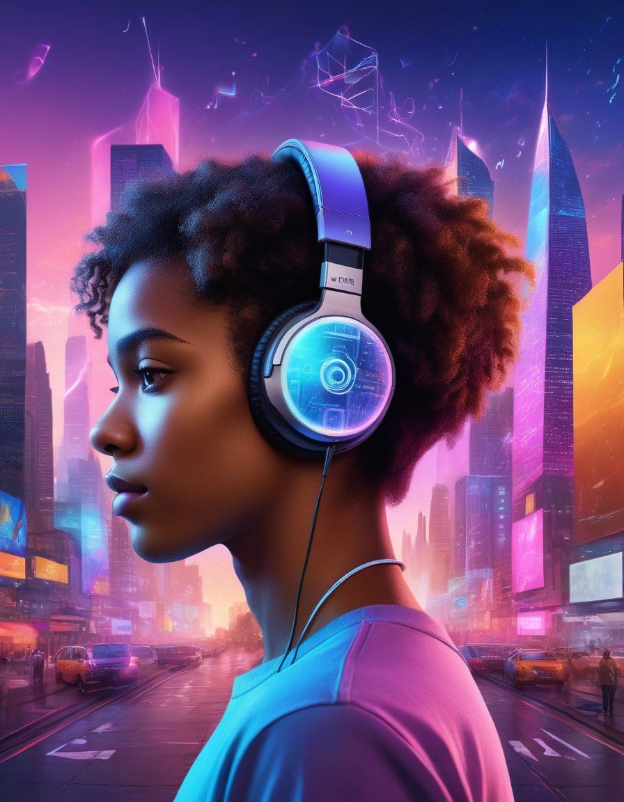 A young person with headphones on, surrounded by holographic musical notes and album covers floating around them, all displayed on an interactive and futuristic-looking web platform interface. The background shows a vibrant, bustling cityscape indicating the digital age. super-realistic. vibrant colors.